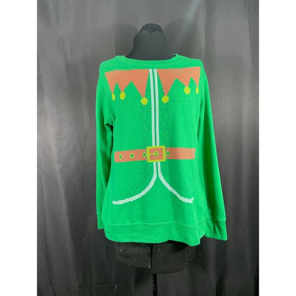 Ugly Christmas Sweatshirt, Green, Mock Elf Clothing, Bells, Belt, Vest Medium - Picture 1 of 6